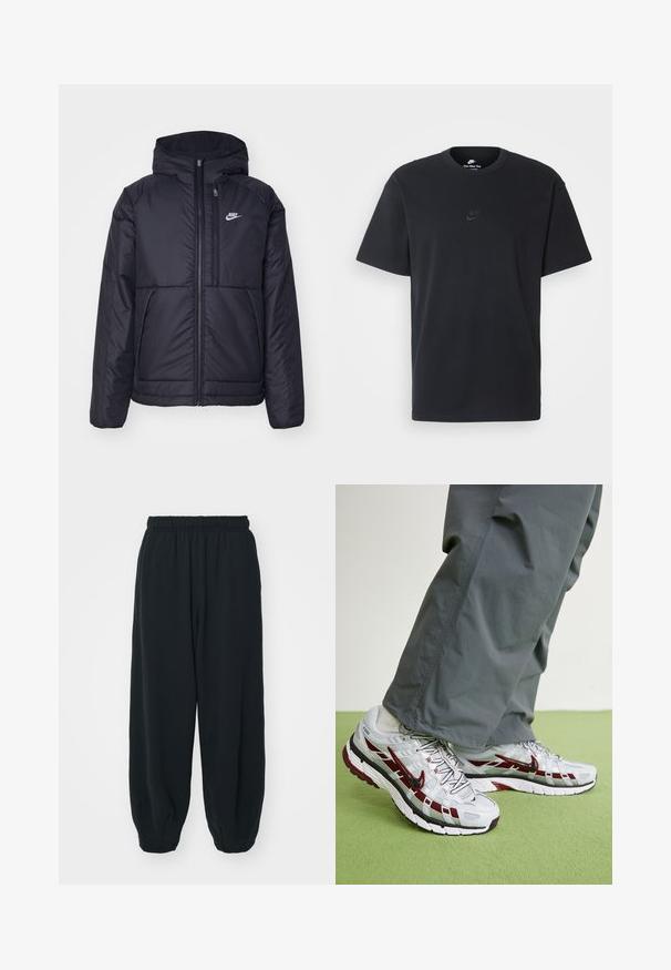 Juodas, paminkštintas Nike džemperis su priekyje užtrauktuku ir gobtuvu. Pasižymi balta logo kairėje krūtinės pusėje ir dviem priekinėmis kišenėmis. Su lygiu išoriniu paviršiumi.; Juodas medvilninis Nike marškinėliai su klasikinėmis apykaklėmis, trumpomis rankovėmis ir subtiliu, įspaustu logotipu ant krūtinės. Sklandus tekstūra.; Juodi, su elastiniu juosmeniu sportiniai kelnės su laisvu siluetu, suapvalintais kulkšnimis, lygia tekstūra ir be matomų raštų ar metalinių akcentų.; Nike Sportswear P 6000 UNISEX - Sportbačiai - pure platinum/dark team red/metallic platinum/white/black