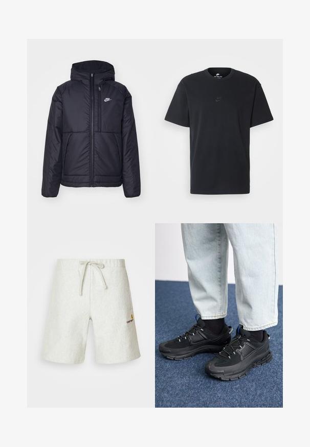 Giacca Nike nera, imbottita, con zip frontale e cappuccio. Presenta un logo bianco sul lato sinistro del petto e doppie tasche frontali. Texture esterna liscia.; T-shirt in cotone nero della Nike con collo rotondo classico, maniche corte e un logo in rilievo discreto sul petto. Texture liscia.; Pantaloni corti grigio chiaro realizzati in un materiale testurizzato. Presentano una vita con cordino regolabile e un piccolo logo sul lato sinistro.; Scarpe sportive nere con tessuto testurizzato e suole in gomma, dotate di lacci elastici e un accento blu sul tallone. Indossate con pantaloni in denim chiaro.