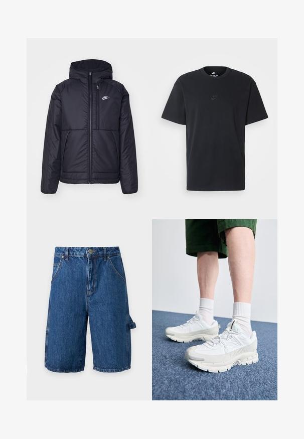 Fekete, párnázott Nike dzseki elülső cipzárral és kapucnival. A bal mellen fehér logó található, valamint két elülső zseb. Simának tűnő külső felület.; Fekete pamut póló Nike márkájú, klasszikus, kerek nyakú, rövid ujjú, és letisztult, dombornyomott logóval a mellkason. Simább textúra.; Közép-kék színű denim shorts, magas derékkal, két elülső zsebbel és egy oldalsó zsebbel, amelynek pántja van. Sima textúra, laza dizájn.; Fehér sportcipők texturált burkolattal, vastag talppal és szürke részletekkel. Fehér sportzoknival és zöld rövidnadrággal viselve, kék felületen.