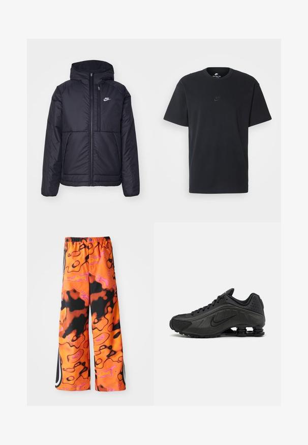 Svart, vadderad Nike-jacka med dragkedja framtill och huva. Har en vit logotyp på vänster bröst och dubbla framfickor. Slät yttextur.; Svart t-shirt i bomull från Nike med klassisk rund halsringning, korta ärmar och en diskret, präglad logotyp på bröstet. Slät textur.; Inspiration från löst sittande byxor med ett vibrerande mönster av orange, svart och rosa abstrakta virvlar, elastisk midja, sidostråkar och knäppning.; Svarta löparskor med en slät syntetisk ovandel, perforerade detaljer, texturerade sidopaneler och en distinkt fjädrande sula.