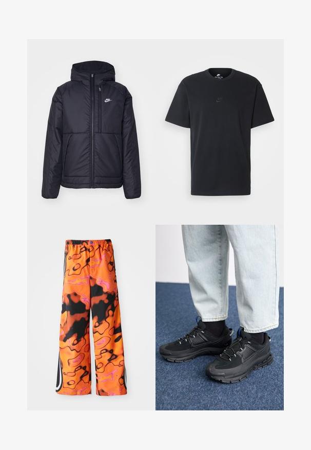 Casaco Nike preto, acolchoado, com fecho à frente e capuz. Apresenta um logo branco no lado esquerdo do peito e dois bolsos frontais. Textura exterior lisa.; T-shirt de algodão preto da Nike com um clássico decote redondo, mangas curtas e um logótipo em relevo discreto no peito. Textura suave.; Calças largas com um vibrante padrão de espiral abstrata em laranja, preto e rosa, cintura elástica, riscas laterais e fecho de botão.; Sapatilhas desportivas pretas com tecido texturizado e solas em borracha, apresentando atacadores elásticos e um detalhe azul no calcanhar. Usadas com calças de ganga claras.
