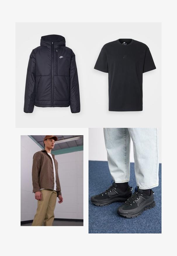 Veste Nike noire rembourrée avec une fermeture éclair sur le devant et une capuche. Elle présente un logo blanc sur la poitrine gauche et deux poches avant. Texture extérieure lisse.; T-shirt en coton noir Nike avec un col rond classique, des manches courtes et un logo embossé subtil sur la poitrine. Texture lisse.; Chemise à carreaux brune avec des manches longues, associée à un pantalon beige, portée sur un t-shirt blanc. Le modèle se tient dans un cadre intérieur simple.; Des chaussures de sport noires avec un tissu texturé et des semelles en caoutchouc, dotées de lacets élastiques et d'un accent bleu au talon. Portées avec un pantalon en denim clair.