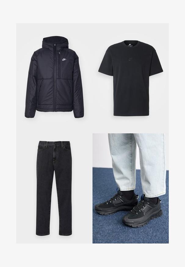 Black, padded Nike jacket with a front zipper and hood. Features a white logo on the left chest and dual front pockets. Smooth exterior texture.; Nike black cotton t-shirt with a classic crew neck, short sleeves, and a subtle, embossed logo on the chest. Smooth texture.; Black straight-leg jeans with front pockets, belt loops, and a button closure, displayed against a white background.; Black athletic shoes with textured fabric and rubber soles, featuring elastic laces and a blue accent on the heel. Worn with light denim pants.