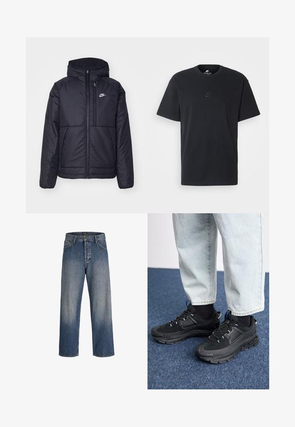 Casaco Nike preto, acolchoado, com fecho à frente e capuz. Apresenta um logo branco no lado esquerdo do peito e dois bolsos frontais. Textura exterior lisa.; T-shirt de algodão preto da Nike com um clássico decote redondo, mangas curtas e um logótipo em relevo discreto no peito. Textura suave.; Calças de ganga azul com um corte solto, apresentando um design desbotado, cinco bolsos, presilhas para cinto e um fecho de botão e zip.; Sapatilhas desportivas pretas com tecido texturizado e solas em borracha, apresentando atacadores elásticos e um detalhe azul no calcanhar. Usadas com calças de ganga claras.