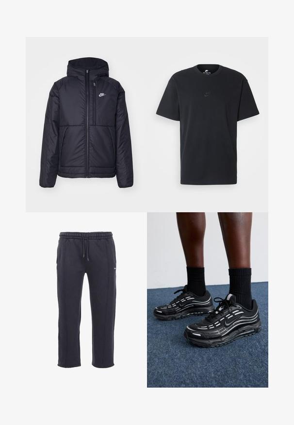 Chaqueta acolchada negra de Nike con cremallera frontal y capucha. Presenta un logo blanco en el lado izquierdo del pecho y dos bolsillos frontales. Textura exterior suave.; Camiseta negra de algodón de Nike con un clásico cuello redondo, mangas cortas y un sutil logo en relieve en el pecho. Textura suave.; Pantalones de chándal gris oscuro, confeccionados en una tela suave, con una cinturilla elástica y cordón, bolsillos laterales y costura visible.; Las zapatillas Nike negras presentan una parte superior de malla con franjas de acento, cordones texturizados y una suela de goma negra. Se llevan con calcetines negros de canalé.
