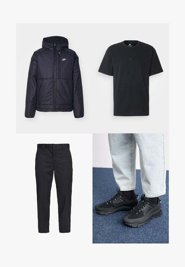 Svart, polstret Nike-jakke med frontglidelås og hette. Har en hvit logo på venstre bryst og doble frontlommer. Glatt ytterside.; Nike svart bomull T-skjorte med klassisk rund hals, korte ermer, og en subtil, preget logo på brystet. Glatt tekstur.; Svart chinos laget av lett bomullsstoff, med rett ben-utsnitt, sidelommer og knappelukking i midjen.; Svarte sportssko med teksturert stoff og gummisåler, med elastiske lisser og en blå detalj på hælen. Brukt med lyse denimbukser.