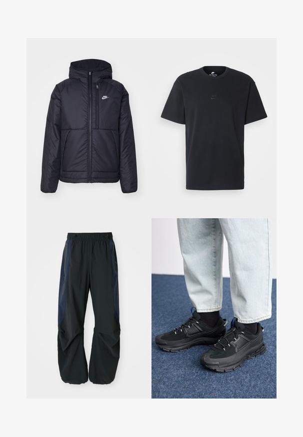 Černá zateplená bunda Nike s předním zipem a kapucí. Na levé straně hrudi má bílé logo a dvojité přední kapsy. Hladký povrch.; Černé bavlněné tričko Nike s klasickým kulatým výstřihem, krátkými rukávy a decentně vyraženým logem na hrudi. Hladký povrch.; Černé venkovní kalhoty s uvolněným střihem, které mají elastický pas, tmavě modré boční panely a zipové kapsy na obou stranách.; Černé sportovní boty s texturovanou tkaninou a gumovou podrážkou, s elastickými tkaničkami a modrým akcentem na patě. Nosí se s světlými džíny.