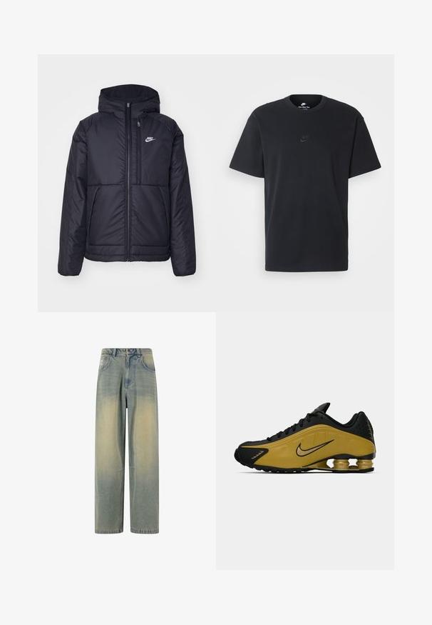 Melna, pufota Nike jaka ar priekšējo rāvējslēdzēju un kapuci. Iezīmēta ar baltu logotipu uz kreisās krūtis un divām priekšējām kabatām. Gluda ārējā tekstūra.; Nike melns kokvilnas T-krekls ar klasisku piegriezumu, īsām piedurknēm un smalku, reljefu logotipu uz krūškurvja. Gluda tekstūra.; Gai zilo denima platā kāju džinsi ar izbalējušu gradientu, pieci kabatas un klasiskā josta ar cilpiņām.; Melnas un zelta Nike Shox kedas ar redzamu atsperu amortizāciju papēdī, melnām šņorēm un Nike zvana logotipu sānos.