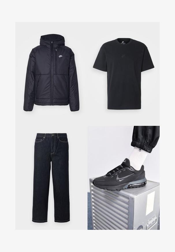 Czarna, pikowana kurtka Nike z przednim zamkiem błyskawicznym i kapturem. Posiada białe logo po lewej stronie klatki piersiowej oraz podwójne kieszenie z przodu. Gładka struktura zewnętrzna.; Czarny bawełniany t-shirt Nike z klasycznym okrągłym dekoltem, krótkimi rękawami oraz subtelnym, wytłoczonym logo na piersi. Gładka tekstura.; Ciemnoniebieskie dżinsy o prostym kroju z pięcioma kieszeniami, białymi kontrastowymi szwami, zapięciem na guzik i szlufkami na pasek.; Nike Sportswear PULSE czarny