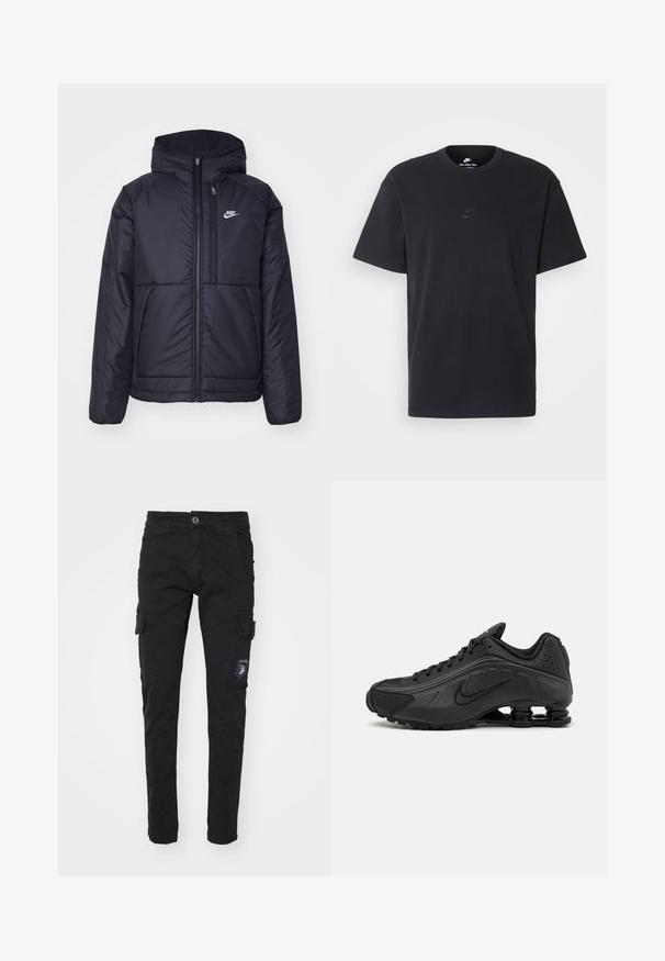 Casaco Nike preto, acolchoado, com fecho à frente e capuz. Apresenta um logo branco no lado esquerdo do peito e dois bolsos frontais. Textura exterior lisa.; T-shirt de algodão preto da Nike com um clássico decote redondo, mangas curtas e um logótipo em relevo discreto no peito. Textura suave.; Calças cargo pretas em algodão com um corte ajustado, apresentando vários bolsos laterais, fecho de correr e um detalhe em patch na perna esquerda.; Ténis de corrida pretos com um upper sintético suave, acentos perfurados, painéis laterais texturizados e uma sola distinta e elástica.