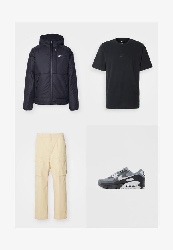 Chaqueta acolchada negra de Nike con cremallera frontal y capucha. Presenta un logo blanco en el lado izquierdo del pecho y dos bolsillos frontales. Textura exterior suave.; Camiseta negra de algodón de Nike con un clásico cuello redondo, mangas cortas y un sutil logo en relieve en el pecho. Textura suave.; Pantalones cargo beige hechos de tela con cinturilla elástica y cierre de botón. Presenta dos bolsillos laterales y un diseño simple.; Zapatilla gris que combina materiales de malla y gamuza, con una suela negra y unidad de aire visible. Destacan los acentos en gris claro y los cordones.