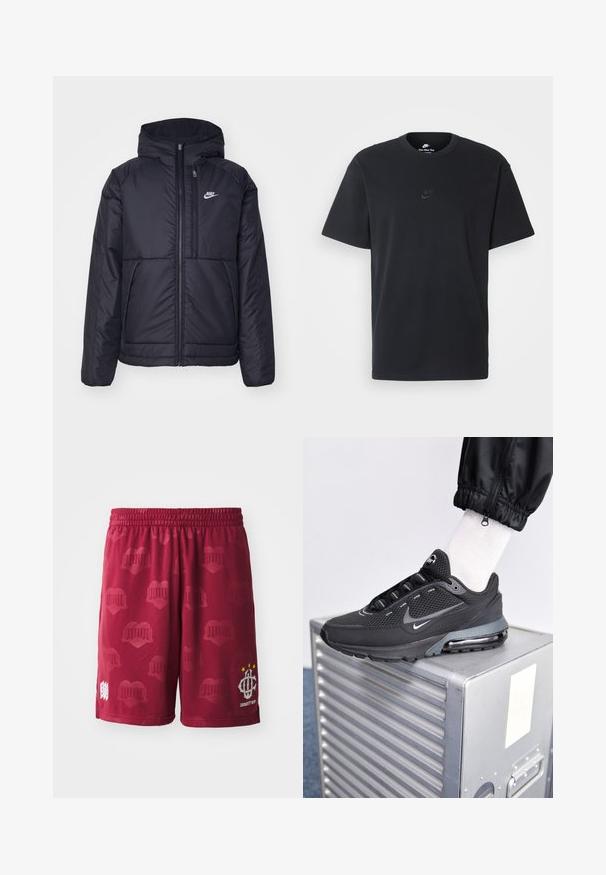 Černá zateplená bunda Nike s předním zipem a kapucí. Na levé straně hrudi má bílé logo a dvojité přední kapsy. Hladký povrch.; Černé bavlněné tričko Nike s klasickým kulatým výstřihem, krátkými rukávy a decentně vyraženým logem na hrudi. Hladký povrch.; Hnědé sportovní šortky s elastickým pasem, se subtilním vzorem srdcí a bílým logem se třemi hvězdami na jedné nohavici.; Nike Sportswear PULSE - Tenisky - black/anthracite