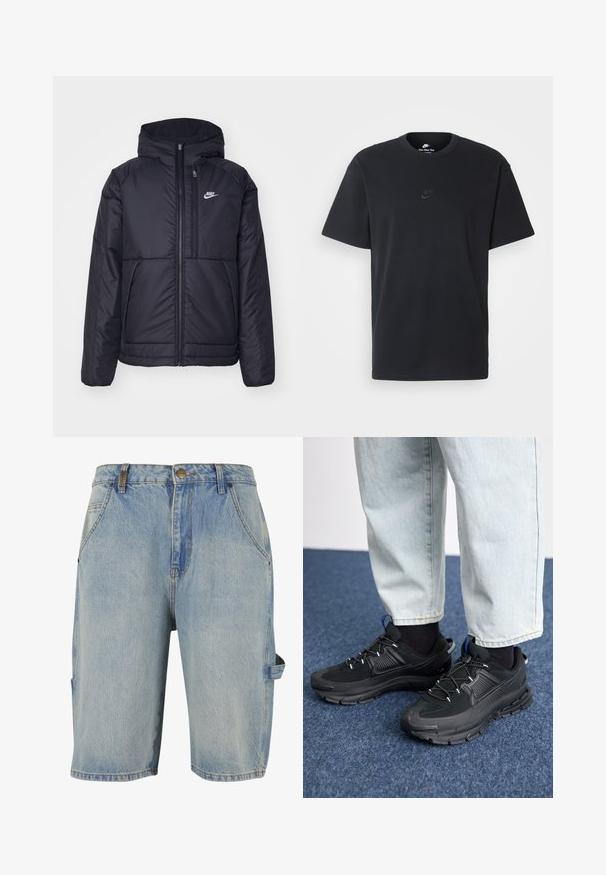 Chaqueta acolchada negra de Nike con cremallera frontal y capucha. Presenta un logo blanco en el lado izquierdo del pecho y dos bolsillos frontales. Textura exterior suave.; Camiseta negra de algodón de Nike con un clásico cuello redondo, mangas cortas y un sutil logo en relieve en el pecho. Textura suave.; Pantalones cortos de mezclilla en azul claro, con un diseño clásico de cinco bolsillos, detalles de costura visibles y un bolsillo lateral tipo cargo con un lazo.; Zapatillas deportivas negras con tejido texturizado y suelas de goma, con cordones elásticos y un acento azul en el talón. Combinadas con pantalones de mezclilla claros.
