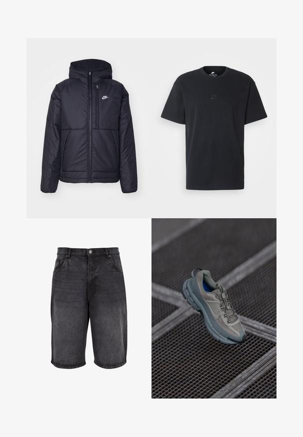 Juodas, paminkštintas Nike džemperis su priekyje užtrauktuku ir gobtuvu. Pasižymi balta logo kairėje krūtinės pusėje ir dviem priekinėmis kišenėmis. Su lygiu išoriniu paviršiumi.; Juodas medvilninis Nike marškinėliai su klasikinėmis apykaklėmis, trumpomis rankovėmis ir subtiliu, įspaustu logotipu ant krūtinės. Sklandus tekstūra.; Juodos džinsinės šortai su laisvu kirpimu, penkių kišenių dizainu ir mygtuko uždarymu. Audinys turi lygų paviršių su subtiliu nusidėvėjimu.; Bežiniai ir pilki sportiniai bateliai su tekstūruotu tinkliniu viršumi, apvaliu pirštu ir guminiais padais, turi raištelius ir paminkštintą apykaklę.