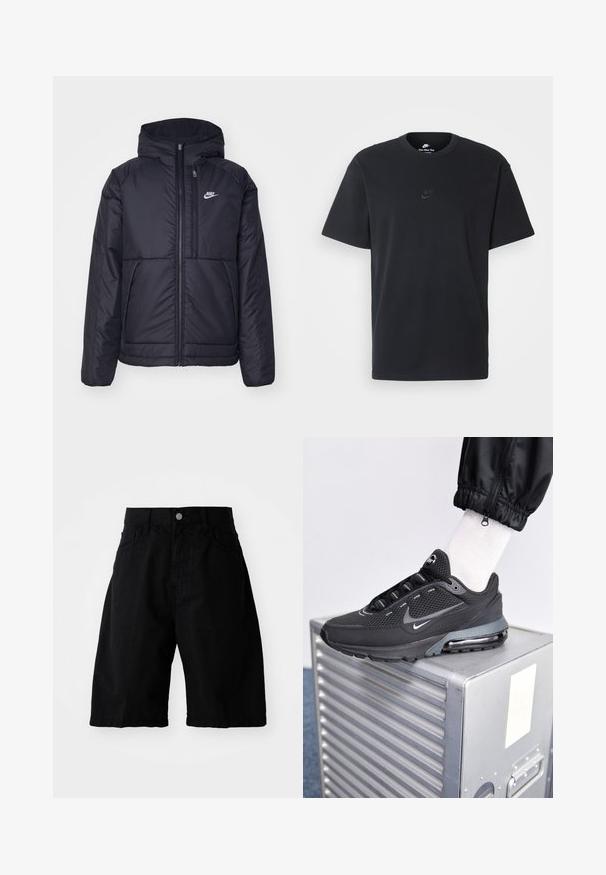 Chaqueta acolchada negra de Nike con cremallera frontal y capucha. Presenta un logo blanco en el lado izquierdo del pecho y dos bolsillos frontales. Textura exterior suave.; Camiseta negra de algodón de Nike con un clásico cuello redondo, mangas cortas y un sutil logo en relieve en el pecho. Textura suave.; Los pantalones cortos de algodón negros tienen un ajuste relajado, dos bolsillos laterales, un cierre de botón y bordes limpios, adecuados para un estilo casual.; Nike Sportswear PULSE - Zapatillas - black/anthracite
