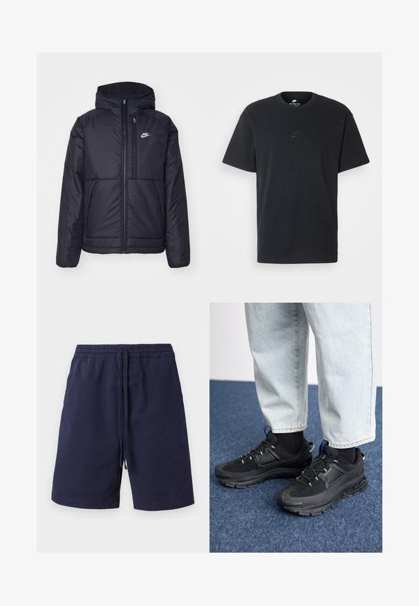 Melna, pufota Nike jaka ar priekšējo rāvējslēdzēju un kapuci. Iezīmēta ar baltu logotipu uz kreisās krūtis un divām priekšējām kabatām. Gluda ārējā tekstūra.; Nike melns kokvilnas T-krekls ar klasisku piegriezumu, īsām piedurknēm un smalku, reljefu logotipu uz krūškurvja. Gluda tekstūra.; Kārta tumši zilas kokvilnas šortas ar elastīgu jostu un auklu, sānu kabatām un taisnu kāju dizainu. Bez rakstiem.; Melni sporta apavi ar strukturētu audumu un gumijas zoli, ar elastīgām auklām un zilu akcentu uz papēža. Nēsāti ar gaišām džinsu biksēm.