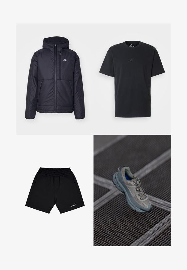 Melna, pufota Nike jaka ar priekšējo rāvējslēdzēju un kapuci. Iezīmēta ar baltu logotipu uz kreisās krūtis un divām priekšējām kabatām. Gluda ārējā tekstūra.; Nike melns kokvilnas T-krekls ar klasisku piegriezumu, īsām piedurknēm un smalku, reljefu logotipu uz krūškurvja. Gluda tekstūra.; Melnas sporta šortus ar elastīgu jostasvieta, divām sānu kabatām un mazu baltu "PEGADOR" logotipu apakšējā labajā kājā. Viegls materiāls.; Bežīgas un pelēkas sporta kurpes ar teksturētu sieta augšdaļu, noapaļotu purngalu un gumijas zoli, satur šņores un mīkstinātu apkakli.