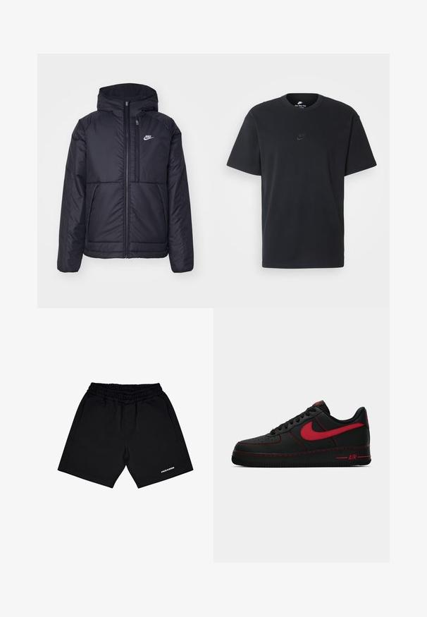 Casaco Nike preto, acolchoado, com fecho à frente e capuz. Apresenta um logo branco no lado esquerdo do peito e dois bolsos frontais. Textura exterior lisa.; T-shirt de algodão preto da Nike com um clássico decote redondo, mangas curtas e um logótipo em relevo discreto no peito. Textura suave.; Calções atléticos pretos com um cós elástico, dois bolsos laterais e um pequeno logótipo branco "PEGADOR" na parte inferior da perna direita. Material leve.; Sapatilhas Nike Air Force 1 em couro preto com detalhes em vermelho, apresentando uma textura suave, biqueira perfurada e pespontos em vermelho contrastantes.