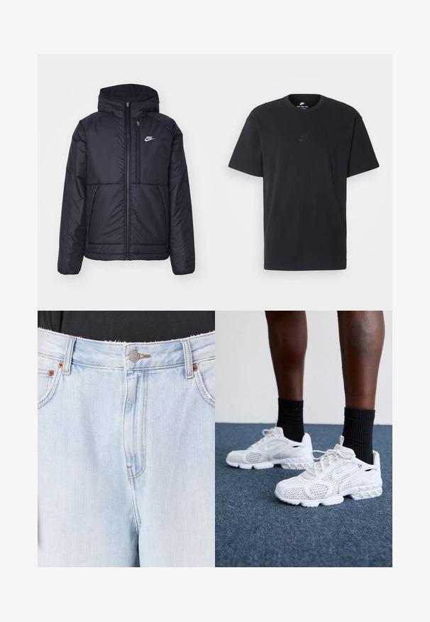 Schwarze, gepolsterte Nike-Jacke mit Frontreißverschluss und Kapuze. Hat ein weißes Logo auf der linken Brust und zwei Fronttaschen. Glattes äußeres Material.; Schwarzes Baumwoll-T-Shirt von Nike mit klassischem Rundhalsausschnitt, kurzen Ärmeln und einem dezenten, geprägten Logo auf der Brust. Glatte Textur.; Helle blaue Jeans mit fransigem Saum, silberner Knopfverschluss und kupferfarbenen Nieten. Verfügt über sichtbare Nähte und Taschen auf der Vorderseite.; Weiße Sportschuhe mit Mesh-Obermaterial, strukturierten Akzenten und gepolsterter Sohle. Kombieirt mit schwarzen gerippten Knöchelsocken auf einer blauen Teppichoberfläche.