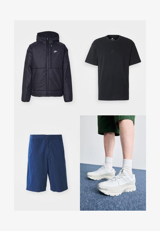 Black, padded Nike jacket with a front zipper and hood. Features a white logo on the left chest and dual front pockets. Smooth exterior texture.; Nike black cotton t-shirt with a classic crew neck, short sleeves, and a subtle, embossed logo on the chest. Smooth texture.; Navy blue cotton shorts with a front button closure, side pockets, and a straight cut, featuring a smooth texture and no visible patterns.; White athletic shoes with textured overlays, a chunky sole, and gray accents. Worn with white crew socks and green shorts on a blue surface.