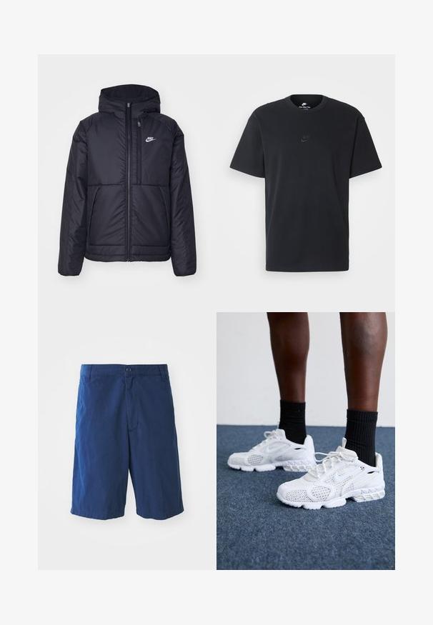 Black, padded Nike jacket with a front zipper and hood. Features a white logo on the left chest and dual front pockets. Smooth exterior texture.; Nike black cotton t-shirt with a classic crew neck, short sleeves, and a subtle, embossed logo on the chest. Smooth texture.; Navy blue cotton shorts with a front button closure, side pockets, and a straight cut, featuring a smooth texture and no visible patterns.; White athletic shoes with mesh upper, textured accents, and cushioned sole. Paired with black ribbed ankle socks on a blue carpeted surface.