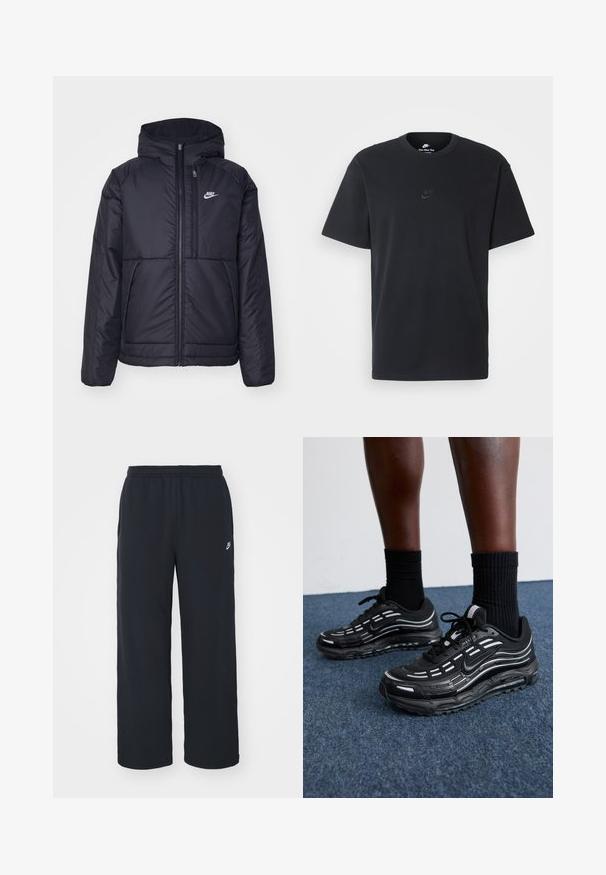 Sort, polstret Nike-jakke med frontlynlås og hætte. Har et hvidt logo på venstre bryst og to frontlommer. Glat ydre tekstur.; Nike sort bomulds t-shirt med en klassisk rund hals, korte ærmer og et diskret, præget logo på brystet. Glat tekstur.; Sorte sweatpants med elastisk talje, lige ben-design og et lille hvidt logo på venstre side. Fremstillet af blødt stof.; Sorte Nike sko har et mesh-overdel med accentstriber, tekstureret snørering og en sort gummisål. Båret med sorte ribbede sokker.