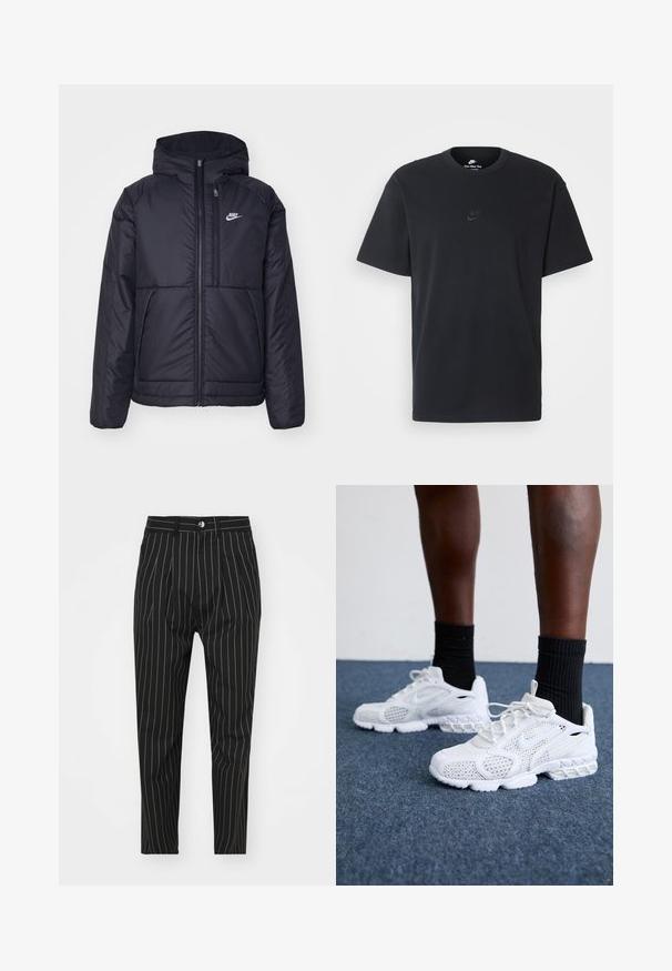 Juodas, paminkštintas Nike džemperis su priekyje užtrauktuku ir gobtuvu. Pasižymi balta logo kairėje krūtinės pusėje ir dviem priekinėmis kišenėmis. Su lygiu išoriniu paviršiumi.; Juodas medvilninis Nike marškinėliai su klasikinėmis apykaklėmis, trumpomis rankovėmis ir subtiliu, įspaustu logotipu ant krūtinės. Sklandus tekstūra.; Juodi dryžuoti keliai su pritaikytu kirpimu, su priekiniais mygtukais, diržo kilpomis ir glotnia audinio tekstūra.; Baltos sportiniai bateliai su tinkline viršutine dalimi, tekstūruotais akcentais ir paminkštintu padu. Puikiai derančios su juodomis klasikinių kojinių iki kulkšnies ant mėlynos kiliminės dangos.