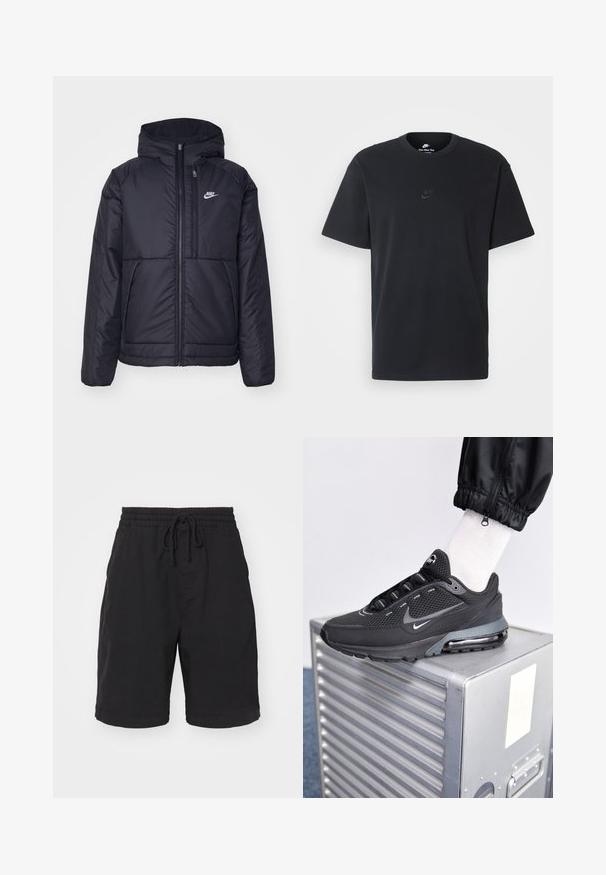 Chaqueta acolchada negra de Nike con cremallera frontal y capucha. Presenta un logo blanco en el lado izquierdo del pecho y dos bolsillos frontales. Textura exterior suave.; Camiseta negra de algodón de Nike con un clásico cuello redondo, mangas cortas y un sutil logo en relieve en el pecho. Textura suave.; Carhartt WIP FLOYD SHORT - Shorts vaqueros - black; Nike Sportswear PULSE - Zapatillas - black/anthracite
