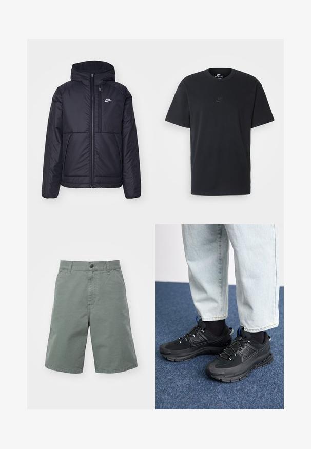 Giacca Nike nera, imbottita, con zip frontale e cappuccio. Presenta un logo bianco sul lato sinistro del petto e doppie tasche frontali. Texture esterna liscia.; T-shirt in cotone nero della Nike con collo rotondo classico, maniche corte e un logo in rilievo discreto sul petto. Texture liscia.; Shorts in cotone verde chiaro con chiusura a bottone, passanti per la cintura e tasche laterali. Presentano un taglio dritto e una texture leggera.; Scarpe sportive nere con tessuto testurizzato e suole in gomma, dotate di lacci elastici e un accento blu sul tallone. Indossate con pantaloni in denim chiaro.