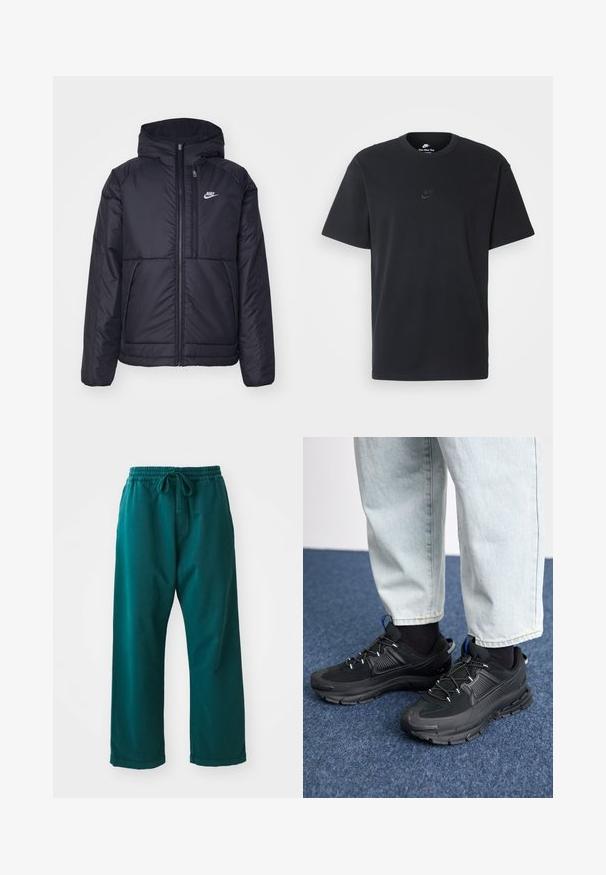 Melna, pufota Nike jaka ar priekšējo rāvējslēdzēju un kapuci. Iezīmēta ar baltu logotipu uz kreisās krūtis un divām priekšējām kabatām. Gluda ārējā tekstūra.; Nike melns kokvilnas T-krekls ar klasisku piegriezumu, īsām piedurknēm un smalku, reljefu logotipu uz krūškurvja. Gluda tekstūra.; Tirkīza krāsas platai kāju bikses, kas izgatavotas no mīkstas auduma, ar elastīgu jostasvietu un auklu, lai pielāgotu izmēru, un gludu tekstūru.; Melni sporta apavi ar strukturētu audumu un gumijas zoli, ar elastīgām auklām un zilu akcentu uz papēža. Nēsāti ar gaišām džinsu biksēm.