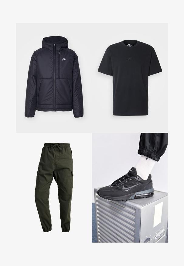 Zwarte, gewatteerde Nike-jas met een voorkant met ritssluiting en capuchon. Kenmerkt zich door een wit logo op de linkerborst en dubbele frontzakken. Gladde buitenkant.; Zwarte katoenen t-shirt van Nike met een klassieke ronde hals, korte mouwen en een subtiele, reliëflogo op de borst. Gladde textuur.; Carhartt WIP JOGGER COLUMBIA - Cargobroek - cypress rinsed; Nike Sportswear PULSE - Sneakers laag - black/anthracite