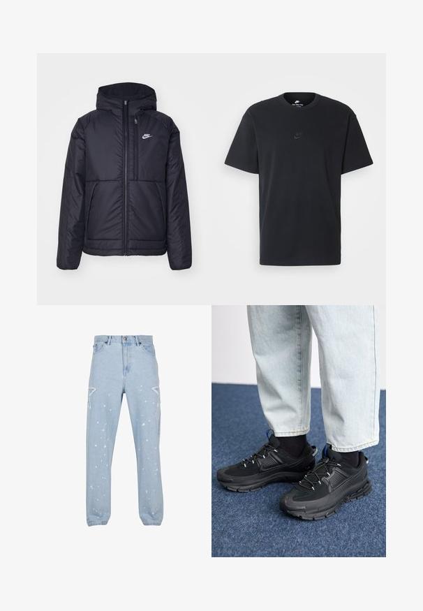 Musta, pehmustettu Nike-takki, jossa on etuvetoketju ja huppu. Vasemmassa rinnassa on valkoinen logo ja takissa on kaksinkertaiset etutaskut. Pintakoe on sileä.; Nike musta musta T-paita, jossa on klassinen pyöreä kaula-aukko, lyhyet etkä hihat sekä hillitty, kohopainettu logo rinnassa. Silkkinen rakenne.; Vaaleansiniset farkut, joissa on rento malli, tähdenmuotoisia leikkuja, väriläiskiä ja klassinen viisi taskun muotoilu.; Mustat urheilukengät, joissa on teksturoitu kangas ja kumipohjat, elastiset nauhat ja sininen yksityiskohta kannassa. Yhdistetty vaaleisiin farkkuihin.