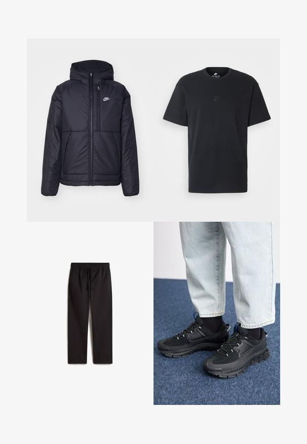 Black, padded Nike jacket with a front zipper and hood. Features a white logo on the left chest and dual front pockets. Smooth exterior texture.; Nike black cotton t-shirt with a classic crew neck, short sleeves, and a subtle, embossed logo on the chest. Smooth texture.; Black, elastic-waist pants with a drawstring; straight leg design; smooth texture; featuring two side pockets.; Black athletic shoes with textured fabric and rubber soles, featuring elastic laces and a blue accent on the heel. Worn with light denim pants.