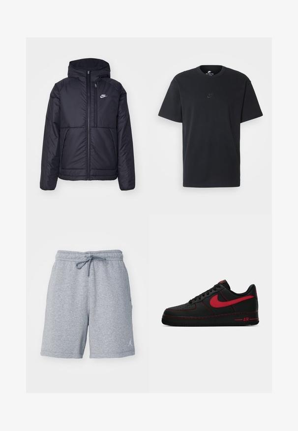 Jachetă Nike neagră, căptușită, cu fermoar pe față și glugă. Prezintă un logo alb pe pieptul stâng și două buzunare frontale. Textură exterioară netedă.; Tricou din bumbac negru Nike, cu guler rotund clasic, mâneci scurte și un logo subtil embosat pe piept. Textură netedă.; Pantaloni scurți gri dintr-un material moale, având o talie elastică cu șnur și un logo subtil pe partea inferioară a piciorului stâng.; Adidași Nike Air Force 1 din piele neagră cu accente roșii, având o textură netedă, vârful perforat și cusături roșii contrastante.