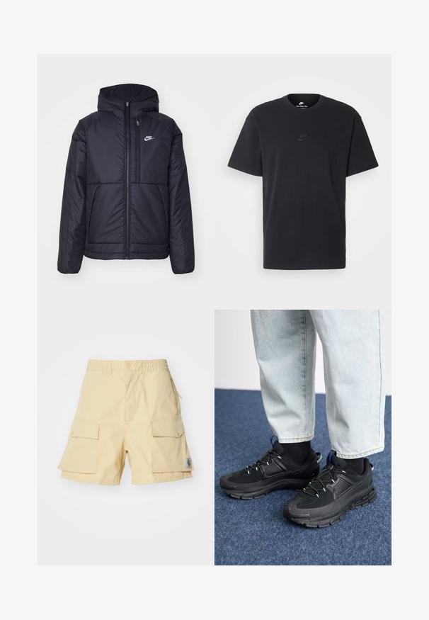 Zwarte, gewatteerde Nike-jas met een voorkant met ritssluiting en capuchon. Kenmerkt zich door een wit logo op de linkerborst en dubbele frontzakken. Gladde buitenkant.; Zwarte katoenen t-shirt van Nike met een klassieke ronde hals, korte mouwen en een subtiele, reliëflogo op de borst. Gladde textuur.; Gele cargoshorts van lichtgewicht stof, met twee grote zijzakken, een elastische tailleband en een klein logopatch aan de zijkant.; Zwarte sportschoenen met gestructureerde stof en rubberen zolen, met elastische veters en een blauwe accent op de hiel. Draag samen met lichte spijkerbroeken.