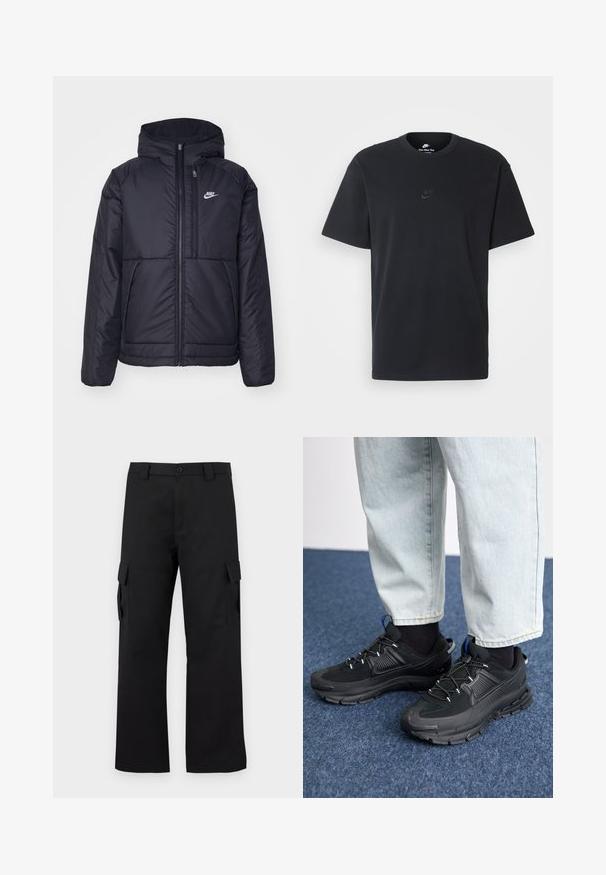 Zwarte, gewatteerde Nike-jas met een voorkant met ritssluiting en capuchon. Kenmerkt zich door een wit logo op de linkerborst en dubbele frontzakken. Gladde buitenkant.; Zwarte katoenen t-shirt van Nike met een klassieke ronde hals, korte mouwen en een subtiele, reliëflogo op de borst. Gladde textuur.; Zwarte cargobroek met een recht gesneden ontwerp. Gemaakt van duurzaam materiaal, met twee zijzakken met klep en een knoopsluiting.; Zwarte sportschoenen met gestructureerde stof en rubberen zolen, met elastische veters en een blauwe accent op de hiel. Draag samen met lichte spijkerbroeken.