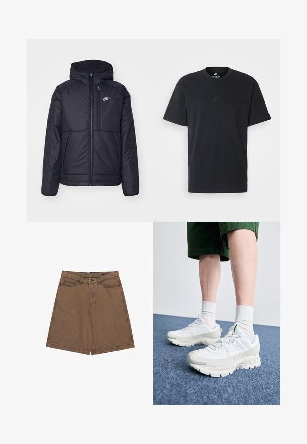 Black, padded Nike jacket with a front zipper and hood. Features a white logo on the left chest and dual front pockets. Smooth exterior texture.; Nike black cotton t-shirt with a classic crew neck, short sleeves, and a subtle, embossed logo on the chest. Smooth texture.; Brown denim shorts with a straight cut, large side pockets, logo detail on the waistband, and contrasting stitching along the seams.; White athletic shoes with textured overlays, a chunky sole, and gray accents. Worn with white crew socks and green shorts on a blue surface.