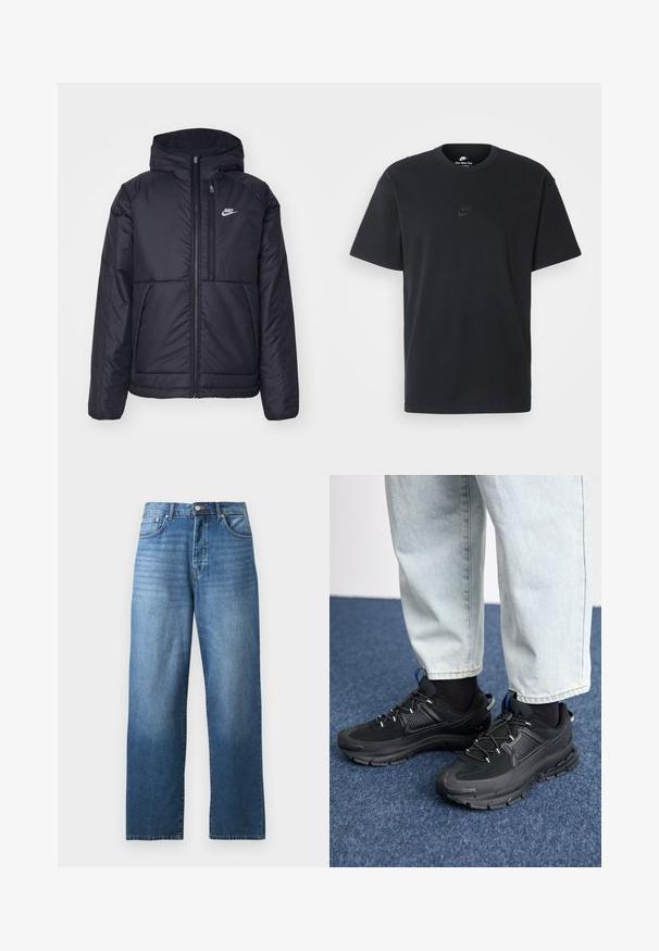 Black, padded Nike jacket with a front zipper and hood. Features a white logo on the left chest and dual front pockets. Smooth exterior texture.; Nike black cotton t-shirt with a classic crew neck, short sleeves, and a subtle, embossed logo on the chest. Smooth texture.; Straight-leg blue denim jeans with five pockets and a button-zipper closure, displayed on a white background.; Black athletic shoes with textured fabric and rubber soles, featuring elastic laces and a blue accent on the heel. Worn with light denim pants.