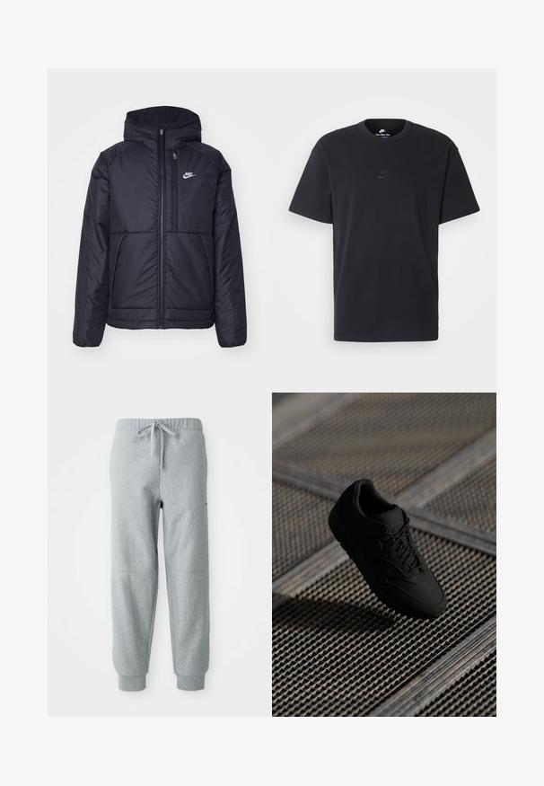 Schwarze, gepolsterte Nike-Jacke mit Frontreißverschluss und Kapuze. Hat ein weißes Logo auf der linken Brust und zwei Fronttaschen. Glattes äußeres Material.; Schwarzes Baumwoll-T-Shirt von Nike mit klassischem Rundhalsausschnitt, kurzen Ärmeln und einem dezenten, geprägten Logo auf der Brust. Glatte Textur.; Grau Fleece-Jogginghose mit elastischem Bund, Kordelzug und Bündchen an den Knöcheln. Verfügt über strukturierten Stoff und subtile Nahtdetails.; Schwarze Sneaker mit einer glatten Oberfläche, runder Zehenform, Schnürung vorne und dezentem Branding. Vor einem strukturierten, industriellen Hintergrund präsentiert.