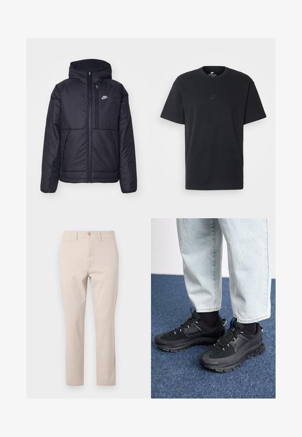 Černá zateplená bunda Nike s předním zipem a kapucí. Na levé straně hrudi má bílé logo a dvojité přední kapsy. Hladký povrch.; Černé bavlněné tričko Nike s klasickým kulatým výstřihem, krátkými rukávy a decentně vyraženým logem na hrudi. Hladký povrch.; Béžové bavlněné kalhoty s rovný střih, s předním zapínáním na knoflík, poutky na opasek a jednou zadní kapsou. Hladká textura.; Černé sportovní boty s texturovanou tkaninou a gumovou podrážkou, s elastickými tkaničkami a modrým akcentem na patě. Nosí se s světlými džíny.