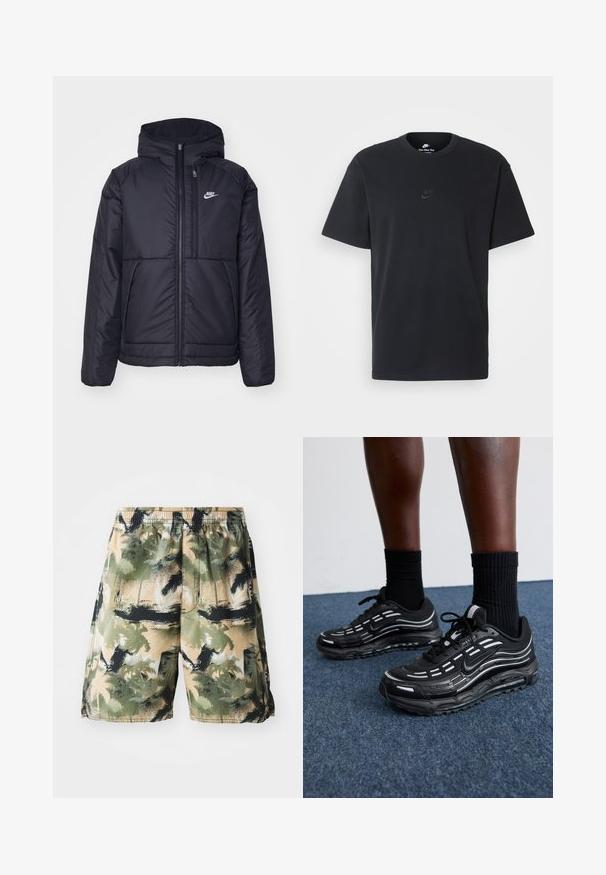 Giacca Nike nera, imbottita, con zip frontale e cappuccio. Presenta un logo bianco sul lato sinistro del petto e doppie tasche frontali. Texture esterna liscia.; T-shirt in cotone nero della Nike con collo rotondo classico, maniche corte e un logo in rilievo discreto sul petto. Texture liscia.; Pantaloni da bagno da uomo realizzati in un tessuto leggero e traspirante con un motivo tropicale di palme in tonalità di verde, nero e beige. Inclusa la cintura elastica.; Le scarpe Nike nere presentano una tomaia in mesh con strisce a contrasto, lacci testurizzati e una suola in gomma nera. Indossate con calze nere a costine.