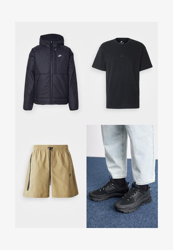 Juodas, paminkštintas Nike džemperis su priekyje užtrauktuku ir gobtuvu. Pasižymi balta logo kairėje krūtinės pusėje ir dviem priekinėmis kišenėmis. Su lygiu išoriniu paviršiumi.; Juodas medvilninis Nike marškinėliai su klasikinėmis apykaklėmis, trumpomis rankovėmis ir subtiliu, įspaustu logotipu ant krūtinės. Sklandus tekstūra.; Šviesiai rudos šortai, pagaminti iš lengvos medžiagos, su elastine juostele ir raišteliu, šoninėmis kišenėmis ir subtiliu logotipu.; Juodi sportiniai bateliai su tekstūruota medžiaga ir guminiais padais, su elastingomis raišteliais ir mėlynu akcentu ant kulno. Dėvimi su šviesiai mėlynomis džinsinėmis kelnėmis.