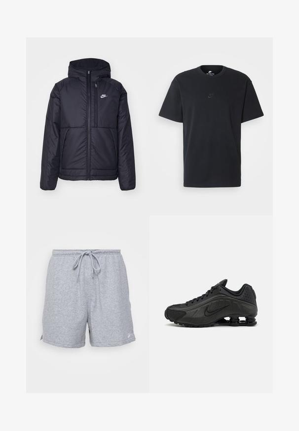 Giacca Nike nera, imbottita, con zip frontale e cappuccio. Presenta un logo bianco sul lato sinistro del petto e doppie tasche frontali. Texture esterna liscia.; T-shirt in cotone nero della Nike con collo rotondo classico, maniche corte e un logo in rilievo discreto sul petto. Texture liscia.; Shorts atletici in cotone grigio con vita regolabile con cordino, tasche laterali e un piccolo logo sull'orlo inferiore.; Scarpe da corsa nere con una parte superiore in sintetico liscio, dettagli perforati, pannelli laterali testurizzati e una suola distintiva e elastica.