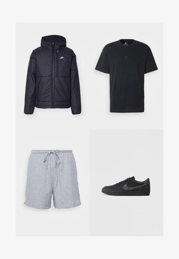 Must musta Nike jope, millel on ees lukuga avamine ja kapuuts. Vasakpoolne rind on kaunistatud valge logoga ning ees on kaks taskut. Sile välimine tekstuur.; Nike musta mustast puuvillast T-särk klassikalise ümmarguse kaelusega, lühikeste varrukatega ja õrna, reljeefse logoga rinnal. Sile tekstuur.; Hallid hallid puuvillased spord shortsid reguleeritava paelvööga, külgedel lõhikute taskud ja väike logo alumises ääres.; Mustad seemised tennisetossud madala profiiliga, kummist välispind, tekstuuriga külgpaneelid ja ühetoneeline Nike swoosh logo. Sidumisosa ees, pehme kaelus.