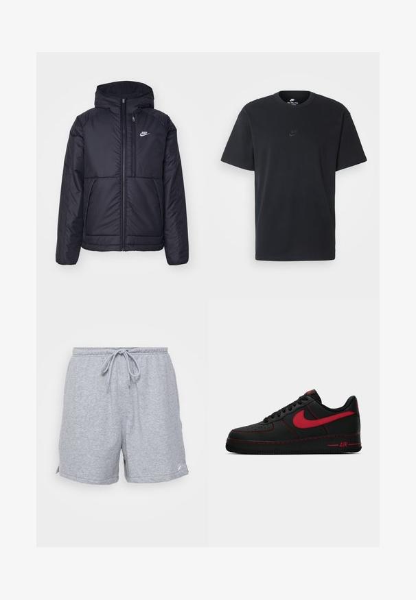Juodas, paminkštintas Nike džemperis su priekyje užtrauktuku ir gobtuvu. Pasižymi balta logo kairėje krūtinės pusėje ir dviem priekinėmis kišenėmis. Su lygiu išoriniu paviršiumi.; Juodas medvilninis Nike marškinėliai su klasikinėmis apykaklėmis, trumpomis rankovėmis ir subtiliu, įspaustu logotipu ant krūtinės. Sklandus tekstūra.; Pilki medvilniniai sportiniai šortai su reguliuojamu juosmens raiščiu, šoninėmis kišenėmis ir mažu logotipu apatiniame krašte.; Juodi oda Nike Air Force 1 sportbačiai su raudonomis detalėmis, pasižymintys lygia tekstūra, perforuotu padu ir kontrastingomis raudonomis siūlėmis.