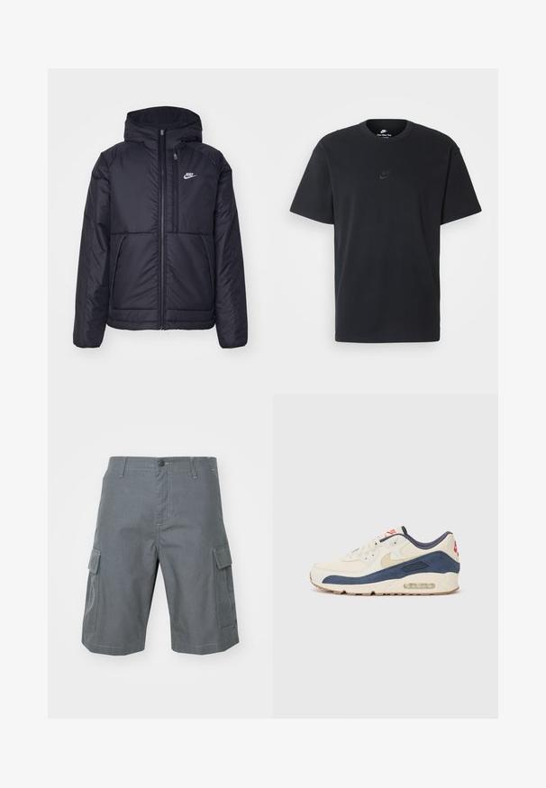 Svart, polstret Nike-jakke med frontglidelås og hette. Har en hvit logo på venstre bryst og doble frontlommer. Glatt ytterside.; Nike svart bomull T-skjorte med klassisk rund hals, korte ermer, og en subtil, preget logo på brystet. Glatt tekstur.; Carhartt WIP REGULAR CARGO COLUMBIA - Shorts - graphite; Sko med overdel i kremfarget lær og marineblå semsket skinn, med synlig luftsåle, beige gummisåle og rød detalj på hælen.