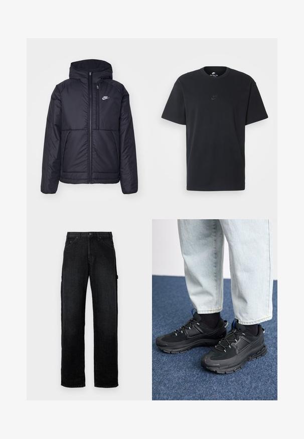 Musta, pehmustettu Nike-takki, jossa on etuvetoketju ja huppu. Vasemmassa rinnassa on valkoinen logo ja takissa on kaksinkertaiset etutaskut. Pintakoe on sileä.; Nike musta musta T-paita, jossa on klassinen pyöreä kaula-aukko, lyhyet etkä hihat sekä hillitty, kohopainettu logo rinnassa. Silkkinen rakenne.; Musta farkkuhousut suoran lahkeen muotoilulla, joissa on etutaskut, nappikiinnitys ja sivutaskut ylimääräistä säilytystä varten.; Mustat urheilukengät, joissa on teksturoitu kangas ja kumipohjat, elastiset nauhat ja sininen yksityiskohta kannassa. Yhdistetty vaaleisiin farkkuihin.