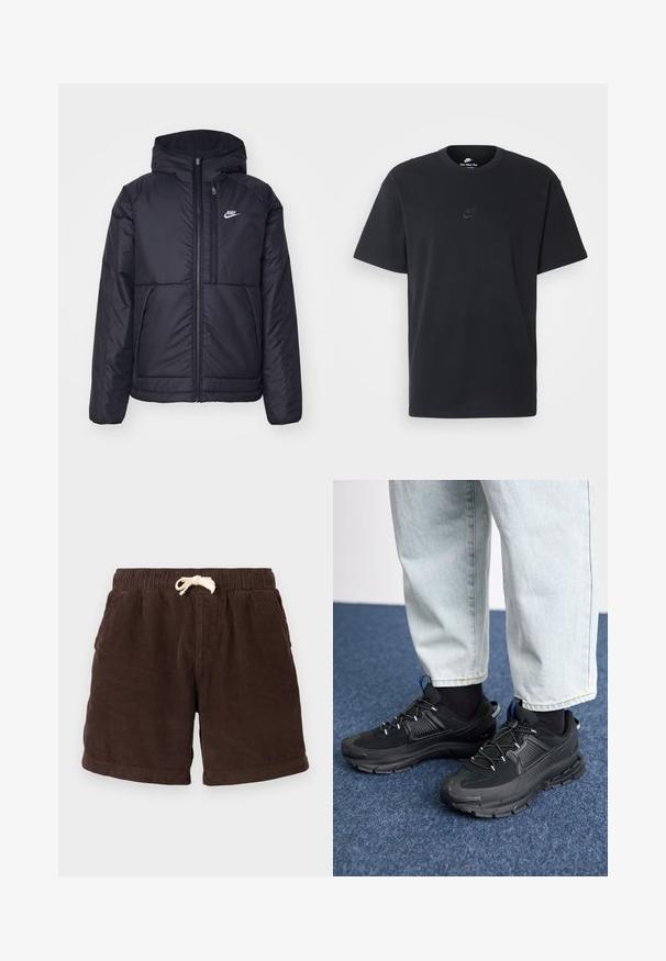 Black, padded Nike jacket with a front zipper and hood. Features a white logo on the left chest and dual front pockets. Smooth exterior texture.; Nike black cotton t-shirt with a classic crew neck, short sleeves, and a subtle, embossed logo on the chest. Smooth texture.; Brown corduroy shorts with an elastic waistband, drawstring closure, and side pockets. The fabric features vertical ribbing and a textured finish.; Black athletic shoes with textured fabric and rubber soles, featuring elastic laces and a blue accent on the heel. Worn with light denim pants.