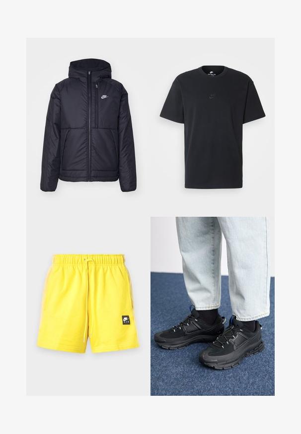 Casaco Nike preto, acolchoado, com fecho à frente e capuz. Apresenta um logo branco no lado esquerdo do peito e dois bolsos frontais. Textura exterior lisa.; T-shirt de algodão preto da Nike com um clássico decote redondo, mangas curtas e um logótipo em relevo discreto no peito. Textura suave.; Bermudas amarelas brilhantes em algodão, com um cós elástico e cordão, apresentando um patch do logótipo da Nike Air em preto na lateral.; Sapatilhas desportivas pretas com tecido texturizado e solas em borracha, apresentando atacadores elásticos e um detalhe azul no calcanhar. Usadas com calças de ganga claras.
