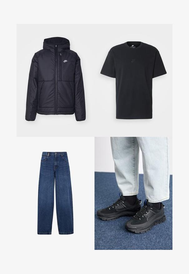 Melna, pufota Nike jaka ar priekšējo rāvējslēdzēju un kapuci. Iezīmēta ar baltu logotipu uz kreisās krūtis un divām priekšējām kabatām. Gluda ārējā tekstūra.; Nike melns kokvilnas T-krekls ar klasisku piegriezumu, īsām piedurknēm un smalku, reljefu logotipu uz krūškurvja. Gluda tekstūra.; Plati zili džinsi ar klasisku piecu kabatu dizainu, pogu aizdari un nedaudz izbalējušu tekstūru. Izturīgas šuvju detaļas.; Melni sporta apavi ar strukturētu audumu un gumijas zoli, ar elastīgām auklām un zilu akcentu uz papēža. Nēsāti ar gaišām džinsu biksēm.